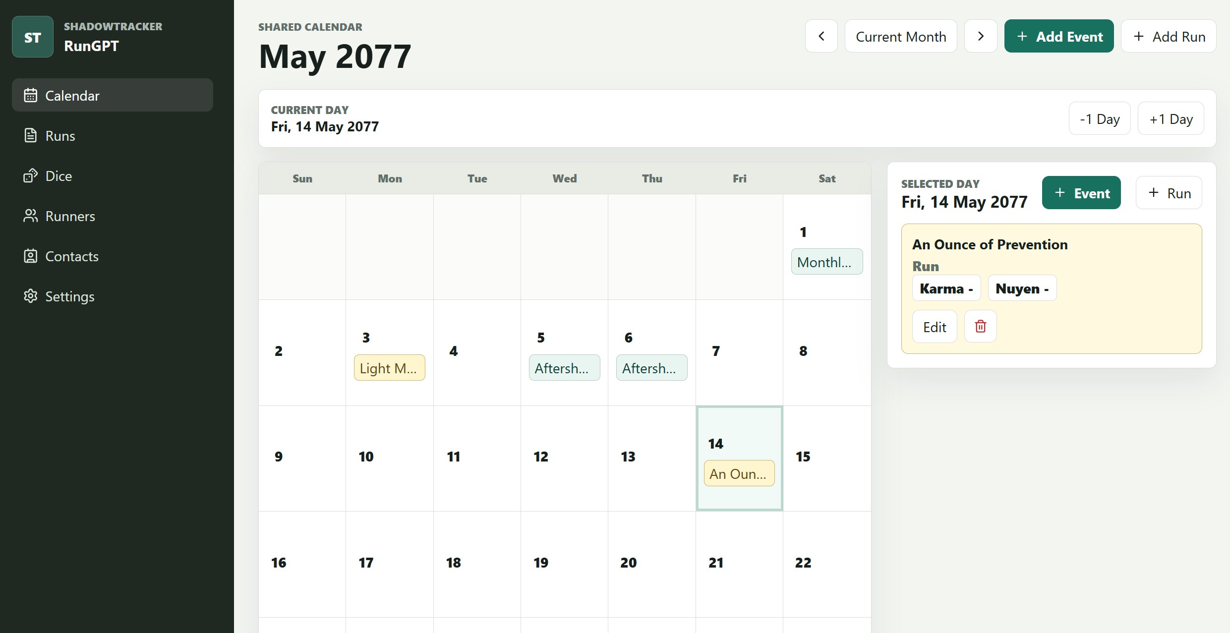 Shadowtracker campaign calendar screenshot